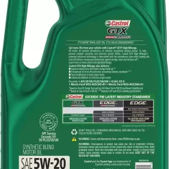 Castrol GTX High Mileage 5W-20 Synthetic Blend Motor Oil, 5 Quarts