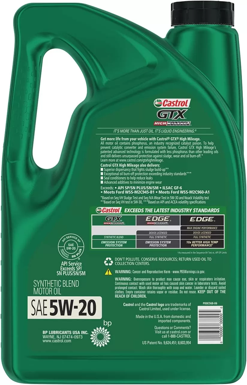 Castrol GTX High Mileage 5W-20 Synthetic Blend Motor Oil, 5 Quarts