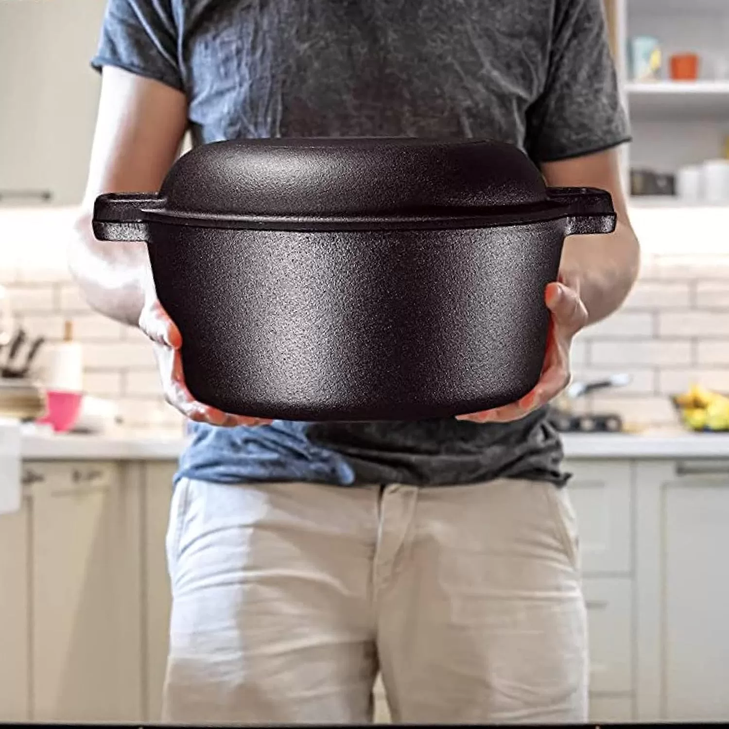 Bruntmor 2-in-1, 5 Quart Pre-seasoned Cast Iron Dutch Oven With Double Handles, 1.6 Quart Skillet