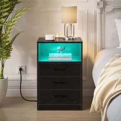 Seventable Nightstand with Wireless Charging Station and LED Lights, Black