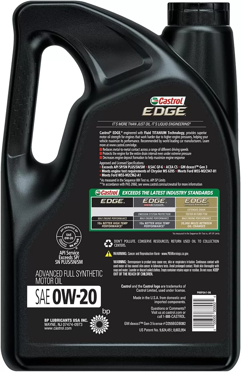 Castrol Edge 0W-20 Advanced Full Synthetic Motor Oil, 5 Quarts