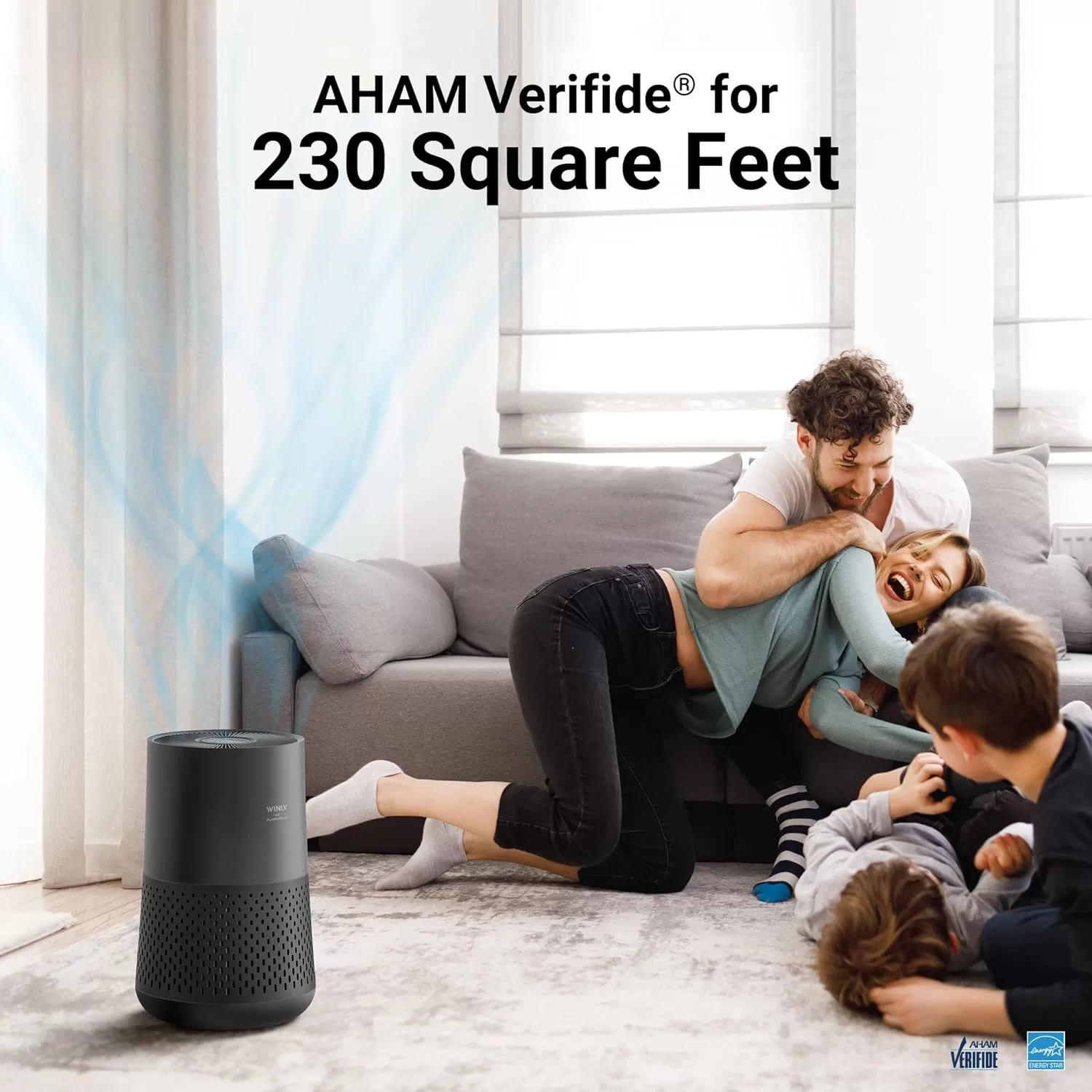 Winix A230 Tower H13 True HEPA 4-Stage Air Purifier, Perfect for Home office, Home classroom, Bedroom and Nursery, Charcoal Grey, Small