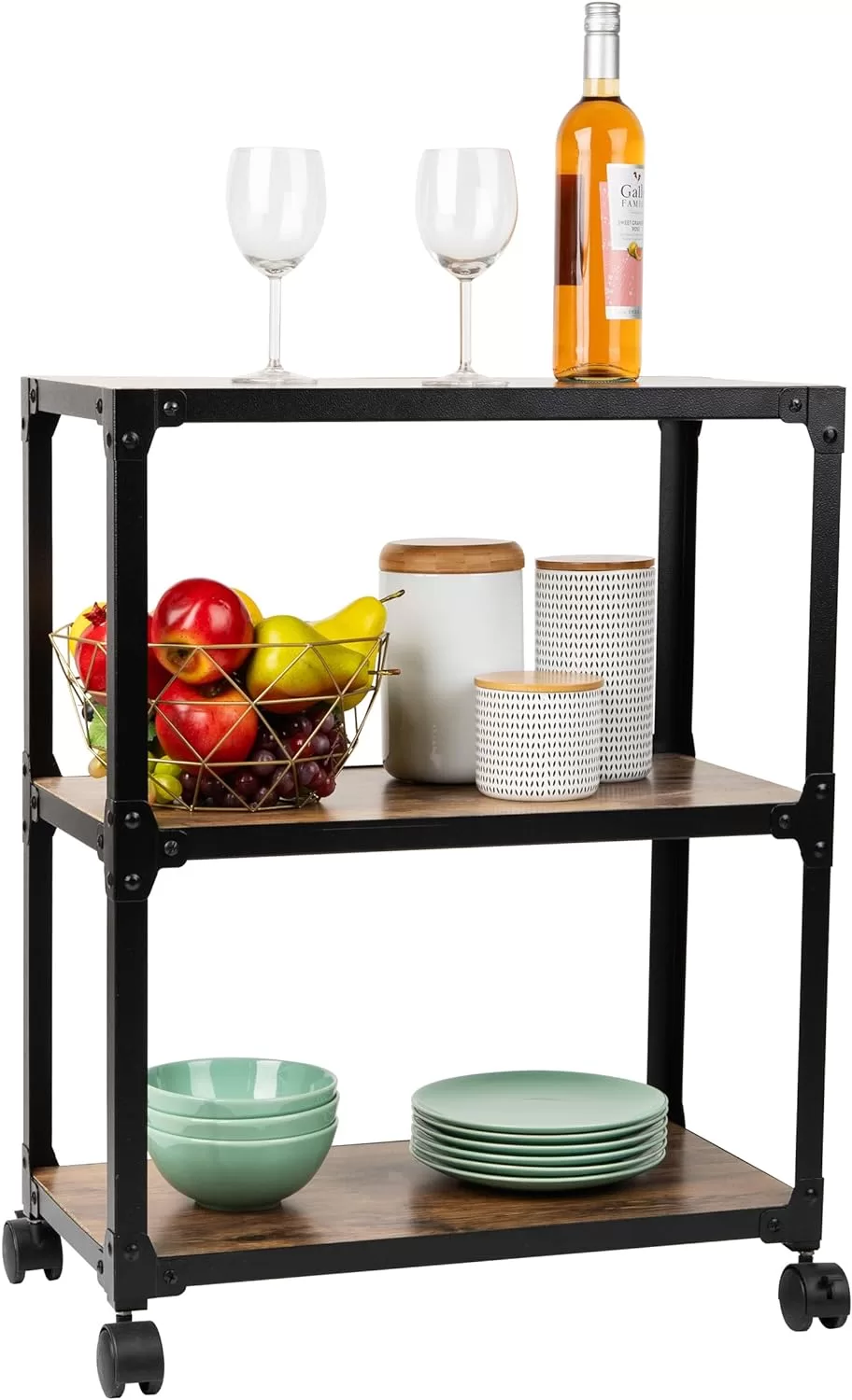 Mind Reader Woodland Collection, Rolling 3-Tier Kitchen Microwave Cart, 23"L x 12"W x 29.5"H, Brown