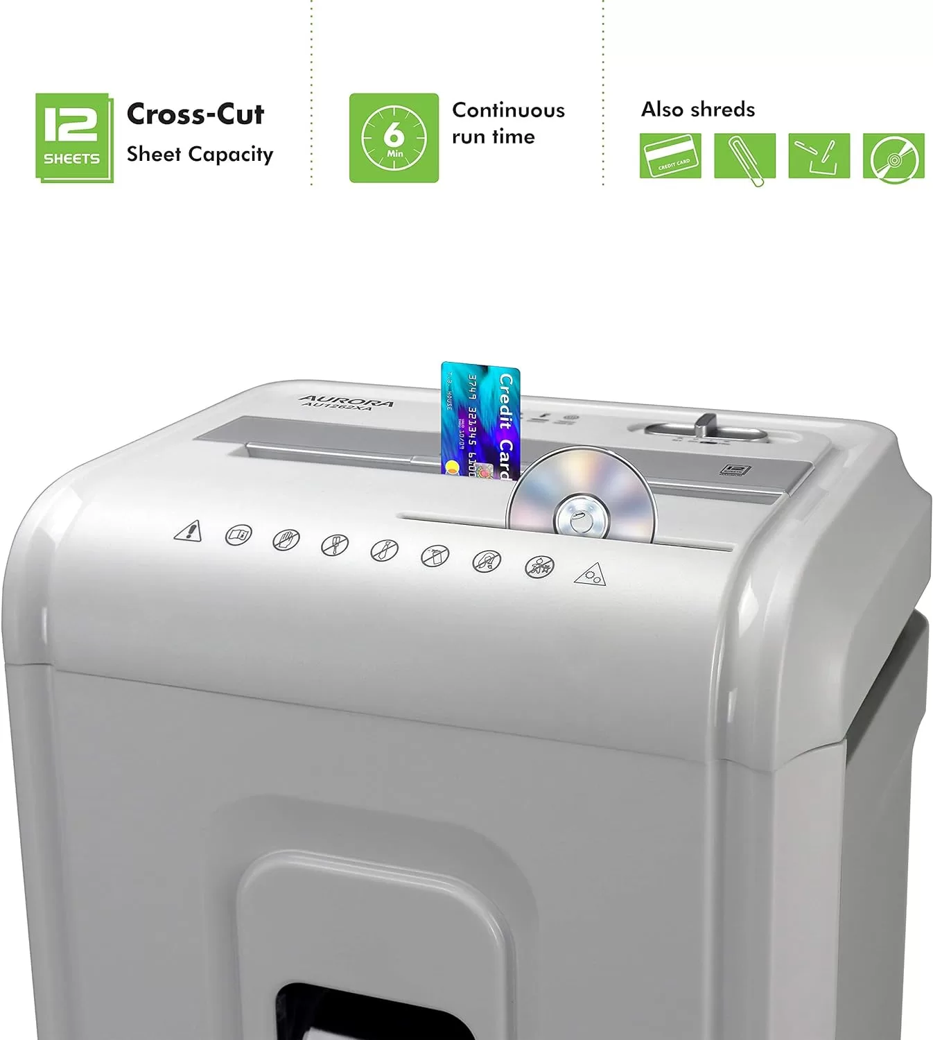 Aurora AU1262XA Anti-Jam 12-Sheet Crosscut Paper and CD/Credit Card Shredder, White/Gray