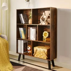 LEYAOYAO Cube Bookshelf 3 Tier Mid-Century Rustic Brown Modern Bookcase with Legs