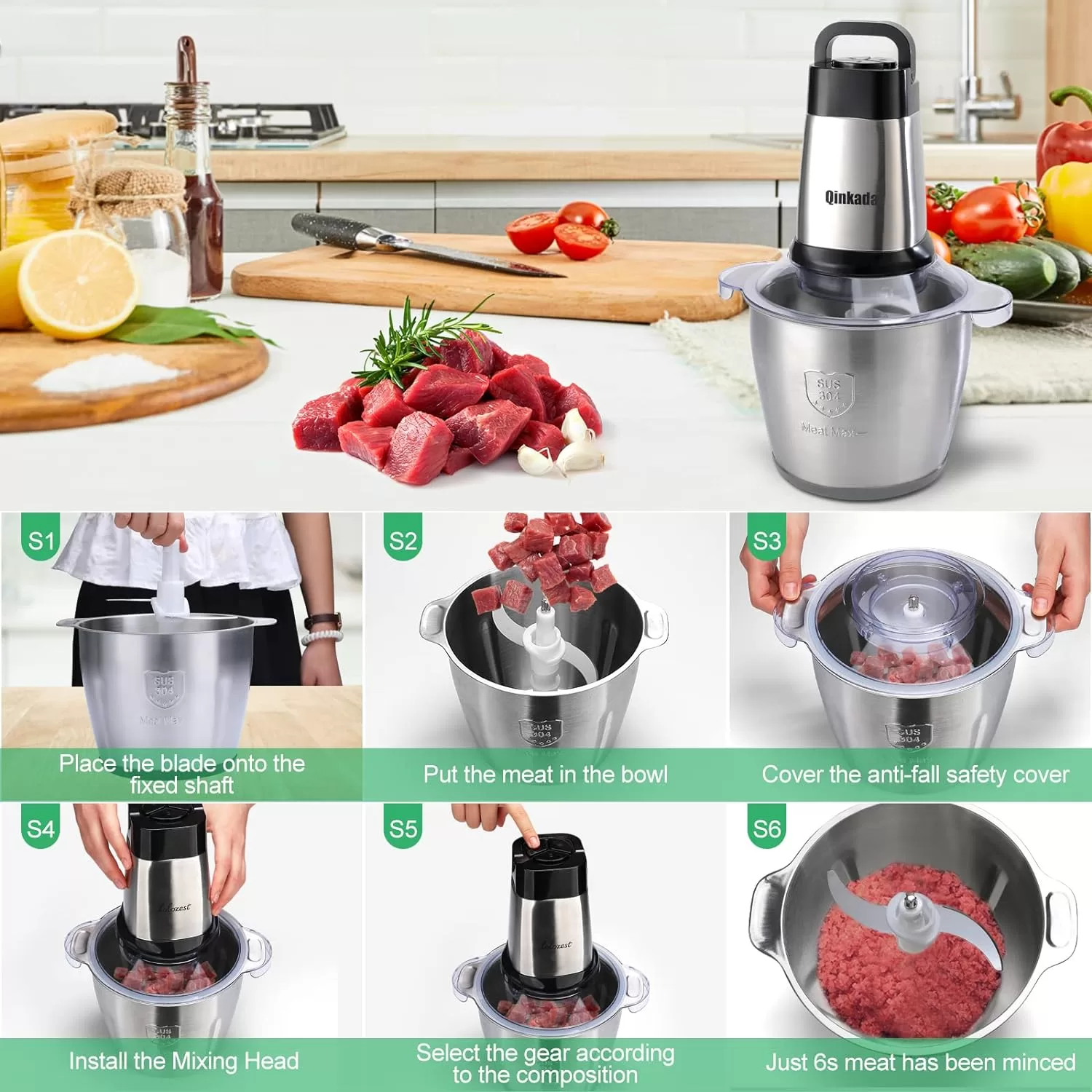 Electric Meat Grinder, Qinkada 500W Food Processor 3.5L Chopping Meat