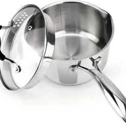 AVACRAFT Stainless Steel Saucepan with Glass Strainer Lid, Two Side Spouts for Easy Pour