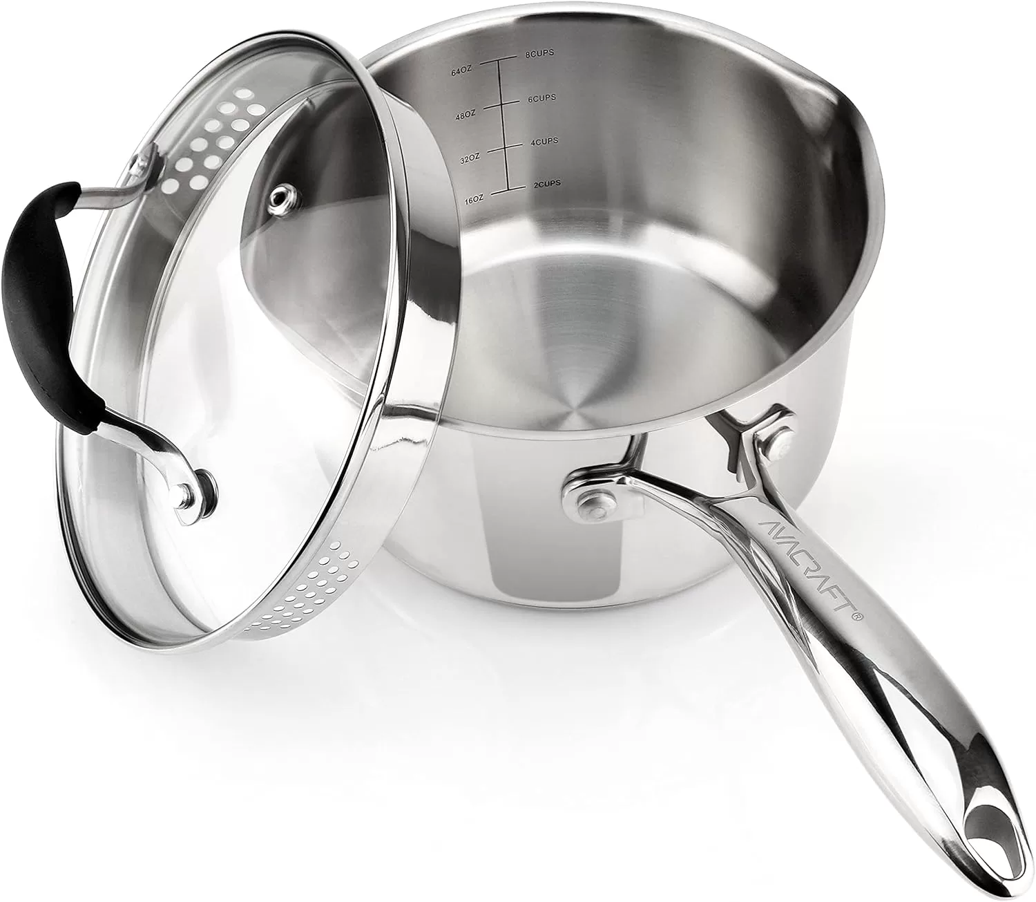 AVACRAFT Stainless Steel Saucepan with Glass Strainer Lid, Two Side Spouts for Easy Pour