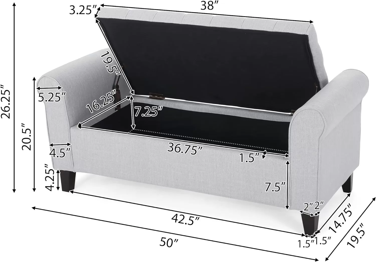 Christopher Knight Home Keiko Fabric Armed Storage Bench, Light Grey