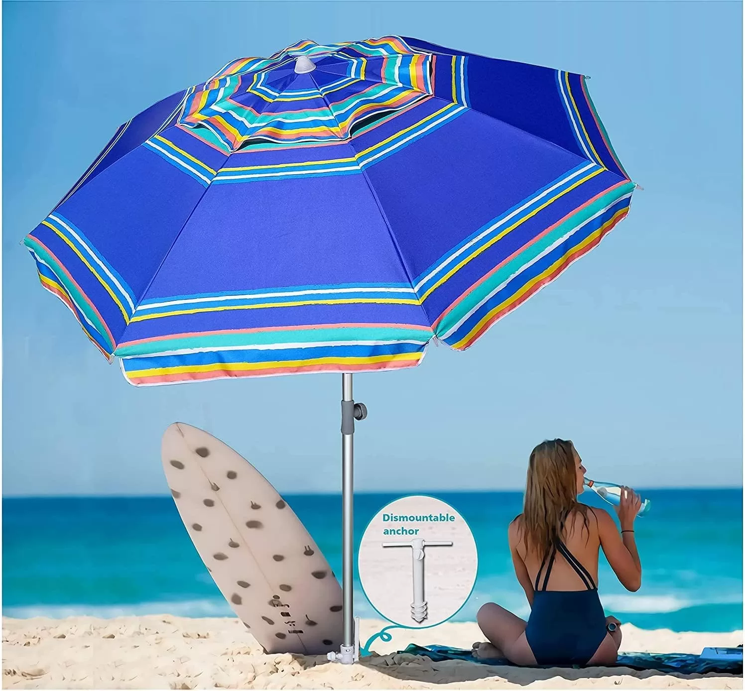AMMSUN 7ft Heavy Duty High Wind Beach Umbrella Parasols with sand anchor & Tilt Sun Shelter