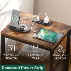 Huuger Nightstand with Charging Station, Side Table with Fabric Drawers, Rustic Brown