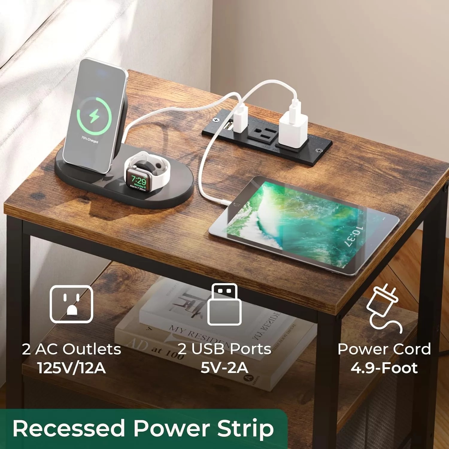 Huuger Nightstand with Charging Station, Side Table with Fabric Drawers, Rustic Brown