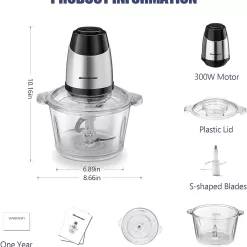 Electric Food Chopper, 8-Cup Food Processor by Homeleader, 2L Glass Bowl Grinder for Meat, 300W