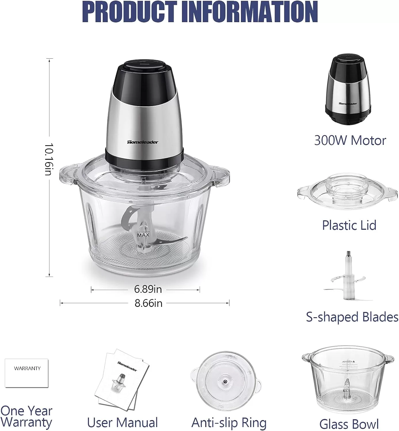 Electric Food Chopper, 8-Cup Food Processor by Homeleader, 2L Glass Bowl Grinder for Meat, 300W
