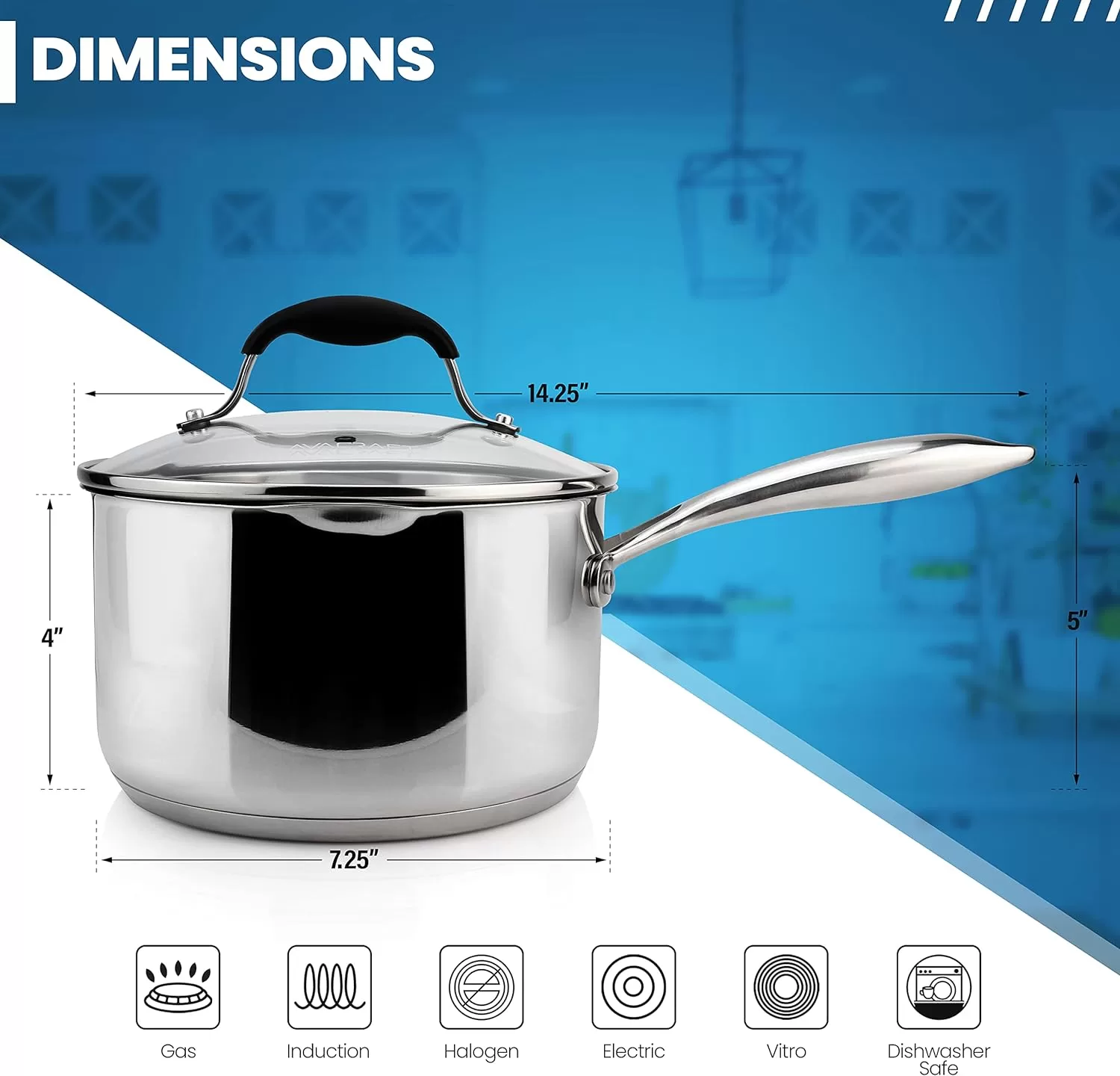 AVACRAFT Stainless Steel Saucepan with Glass Strainer Lid, Two Side Spouts for Easy Pour
