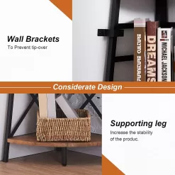 HOMBAZAAR 5-Tier Industrial Corner Bookshelf, Vintage Wood Look Accent, Rustic Brown Finish
