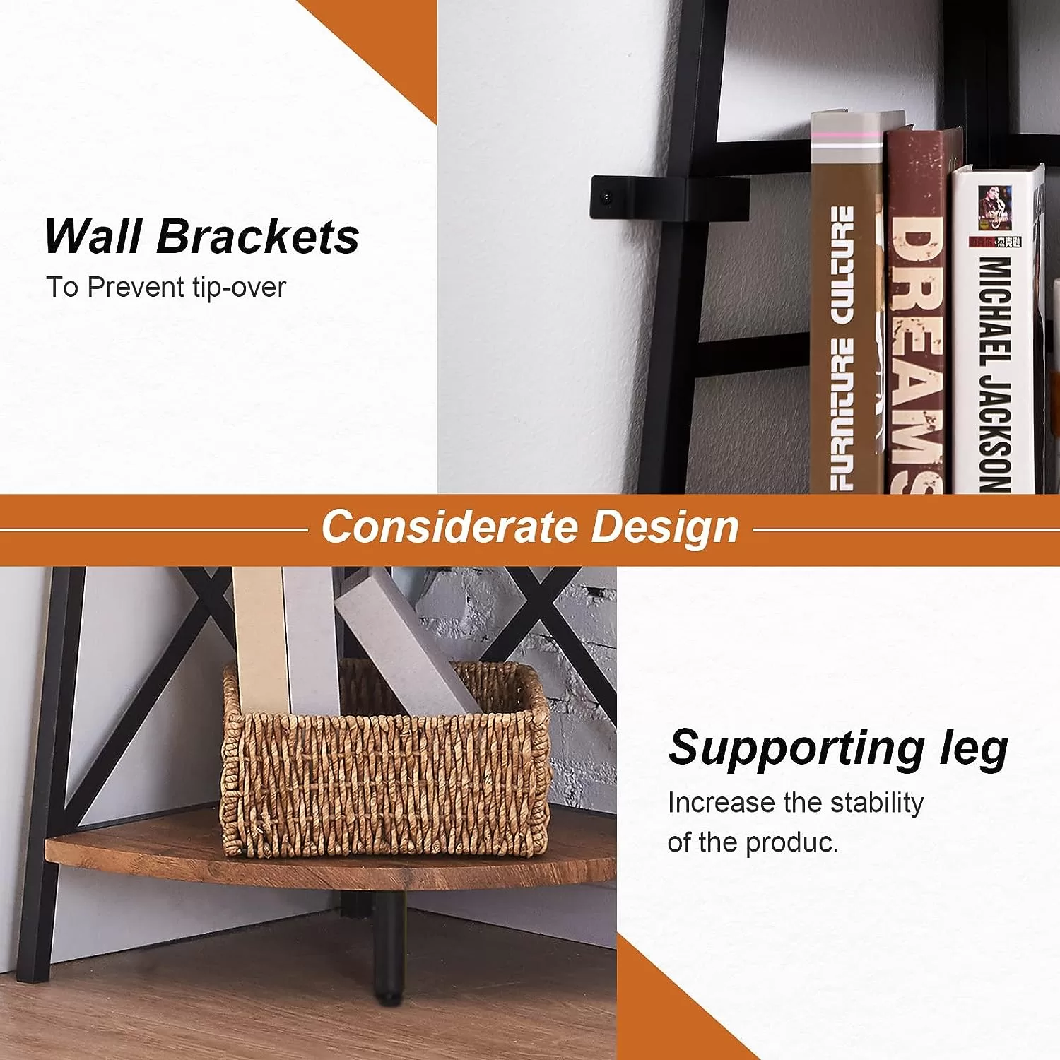 HOMBAZAAR 5-Tier Industrial Corner Bookshelf, Vintage Wood Look Accent, Rustic Brown Finish