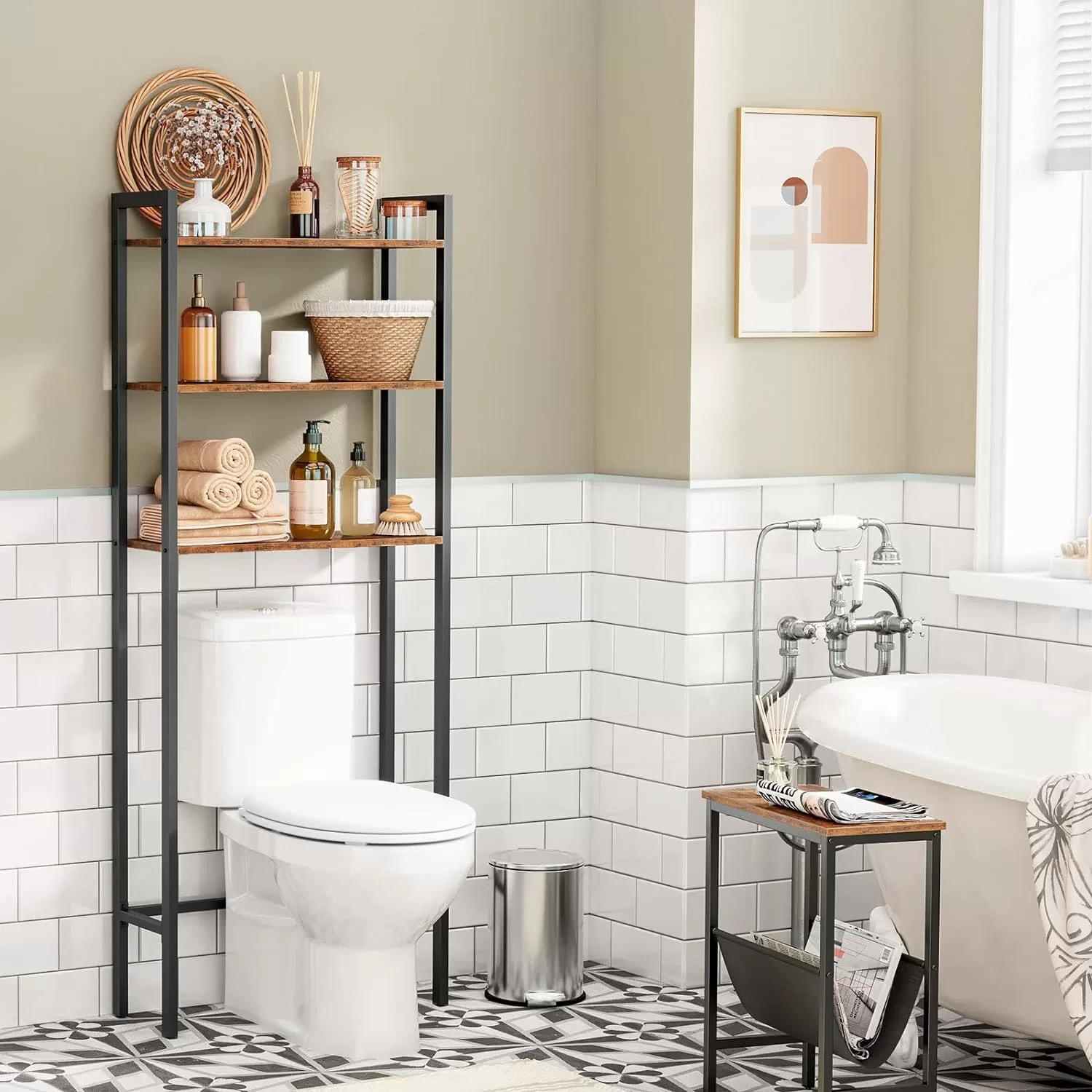 HOOBRO Over The Toilet Storage, 3-Tier Industrial Bathroom Organizer, Rustic Brown BF41TS01