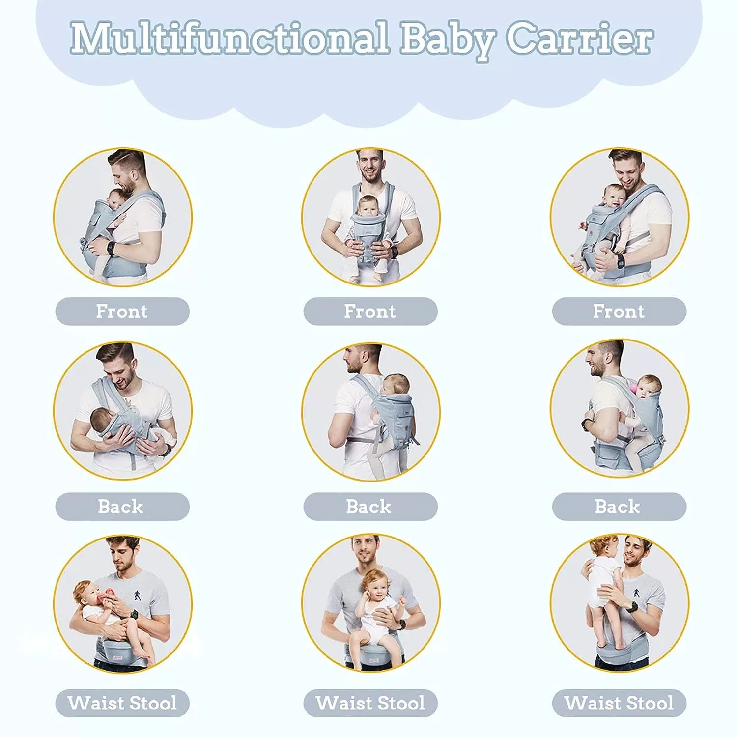 FRUITEAM 6-in-1 Baby Carrier with Waist Stool/Hip Seat for Breastfeeding, One Size Fits All - Adapt to Newborn, Infant & Toddler (Blue)