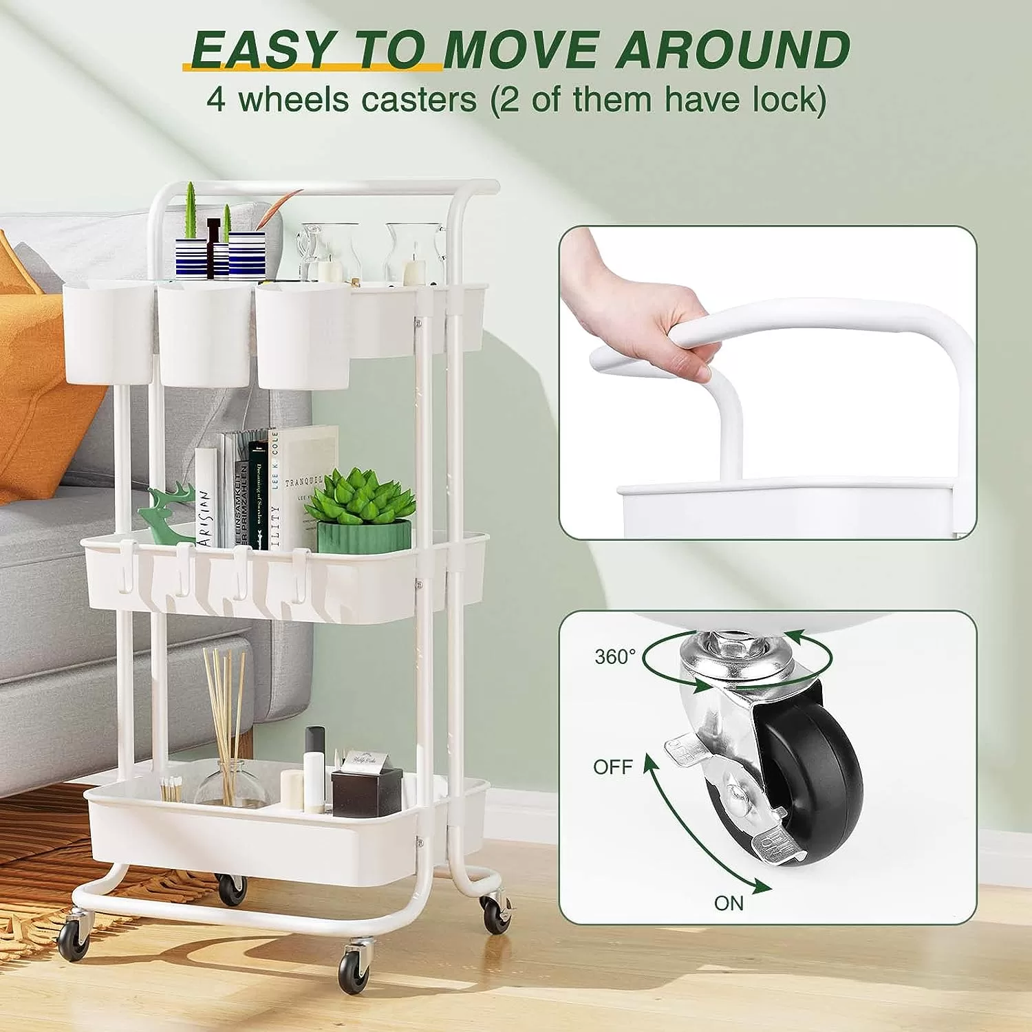 Versatile 3-Tier Rolling Utility Cart for Organized Storage