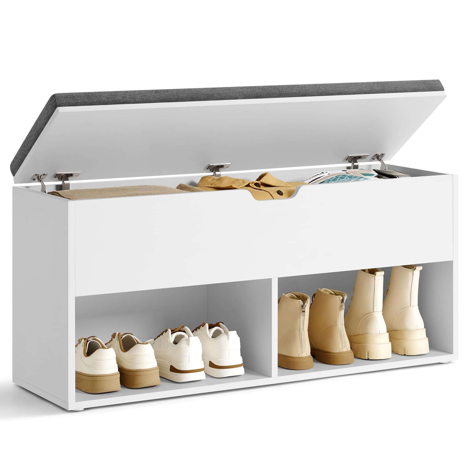 VASAGLE Shoe Bench, Storage Bench with 2 Open and 1 Closed Compartments, White and Gray ULHS021W01