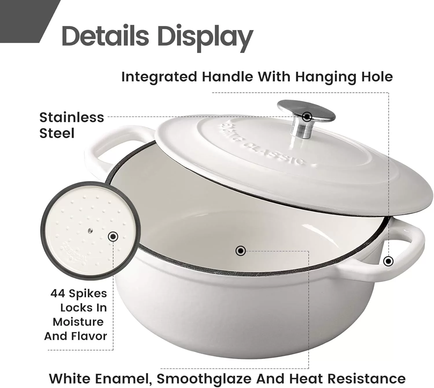 EDGING CASTING Enameled Cast Iron Covered 5.5 Quart Dutch Oven with Dual Handle, White