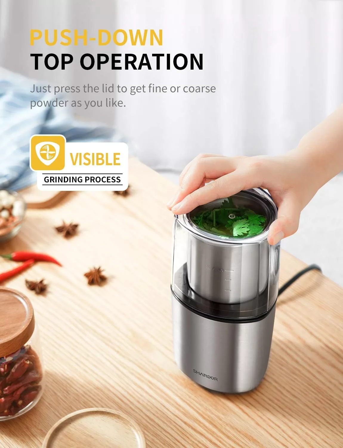 SHARDOR Coffee Grinder Electric Herb/Wet Grinder for Spices and Seeds with 2 Removable Stainless Steel Bowls, Silver