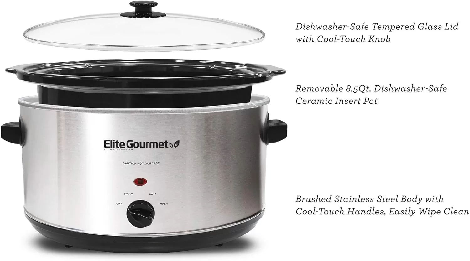 Elite Gourmet Stainless Steel Slow Cooker, 8.5 Quart,MST-900V