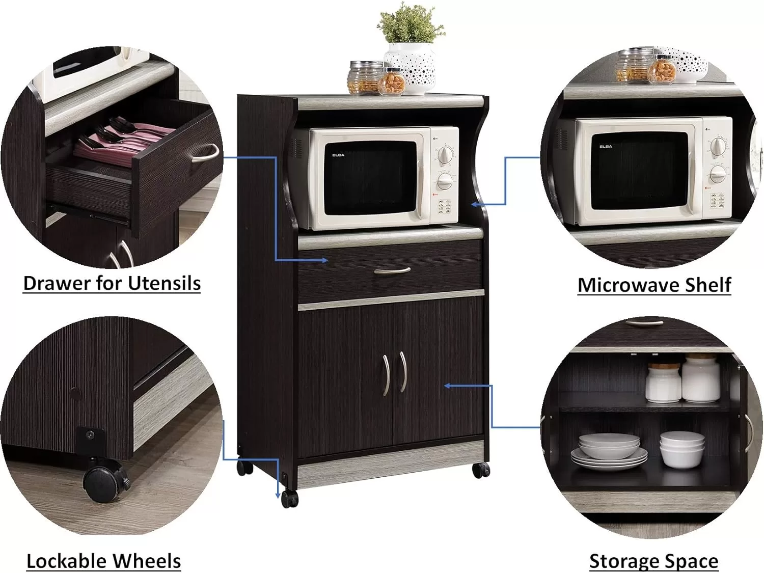 Hodedah Microwave Cart with One Drawer, Two Doors, and Shelf for Storage, Chocolate Grey