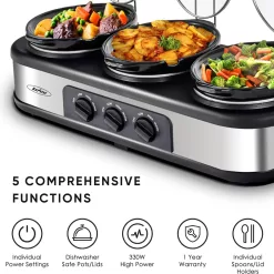 Sunvivi Triple Slow Cooker Buffet Server 3 Pot Food Warmer, 3-Section