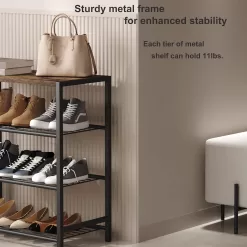 HOMEFORT 4-Tier Metal Shoe Rack, All-Metal Shoe Tower,Shoe Storage Shelf with MDF Top Board, Rustic Brown