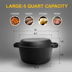 EDGING CASTING 2-in-1 Pre-Seasoned Cast Iron Dutch Oven Pot 5QT