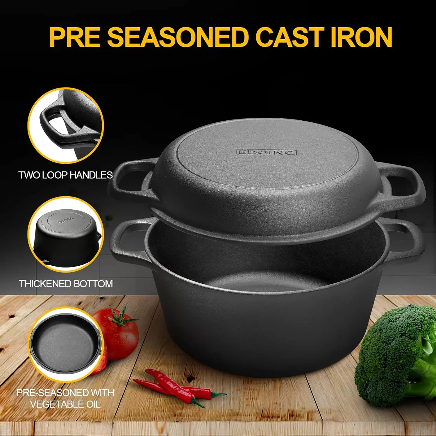 EDGING CASTING 2-in-1 Pre-Seasoned Cast Iron Dutch Oven Pot 5QT