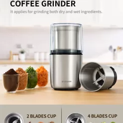 SHARDOR Coffee Grinder Electric Herb/Wet Grinder for Spices and Seeds with 2 Removable Stainless Steel Bowls, Silver