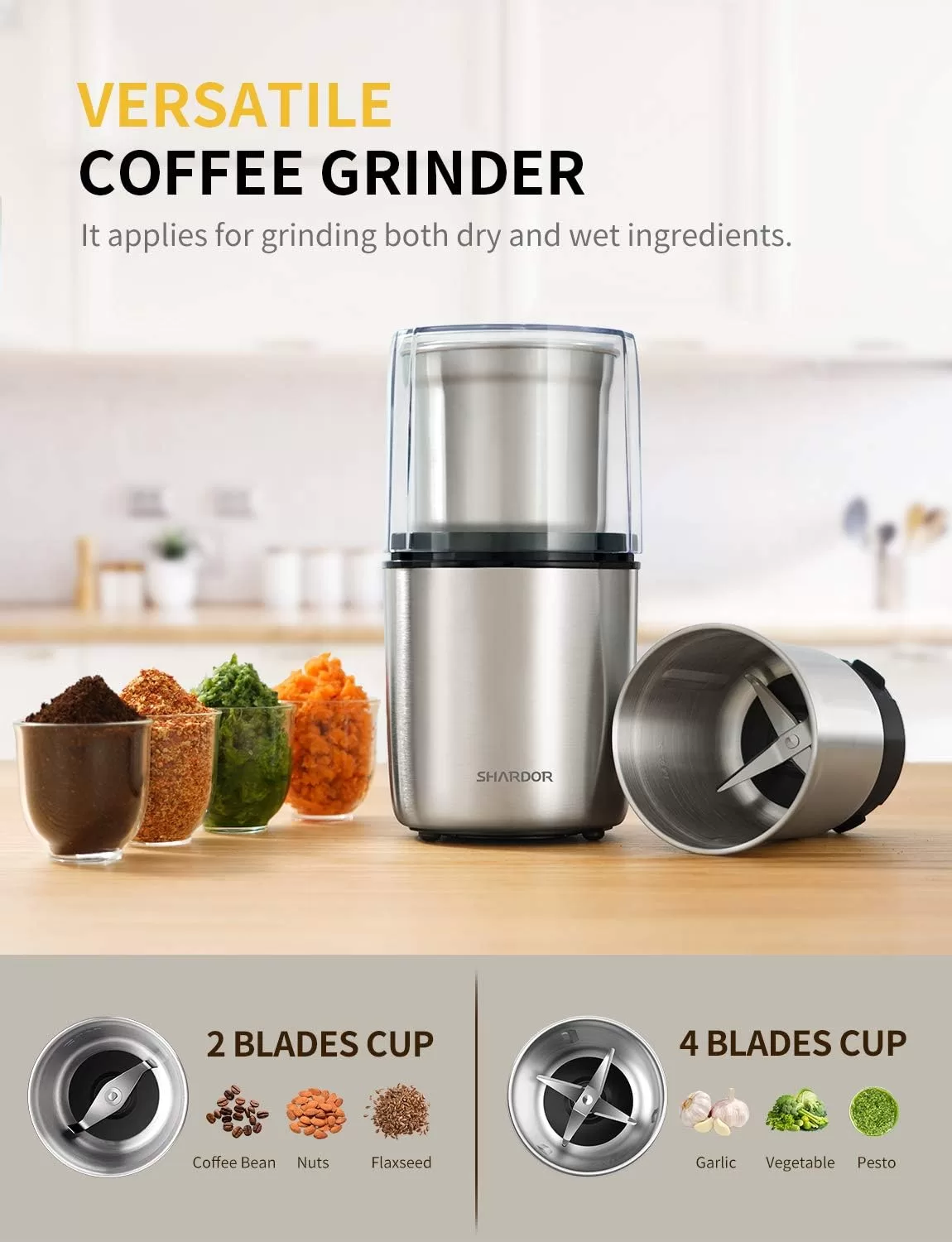 SHARDOR Coffee Grinder Electric Herb/Wet Grinder for Spices and Seeds with 2 Removable Stainless Steel Bowls, Silver