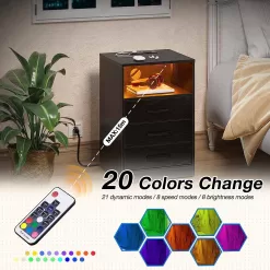 Seventable Nightstand with Wireless Charging Station and LED Lights, Black