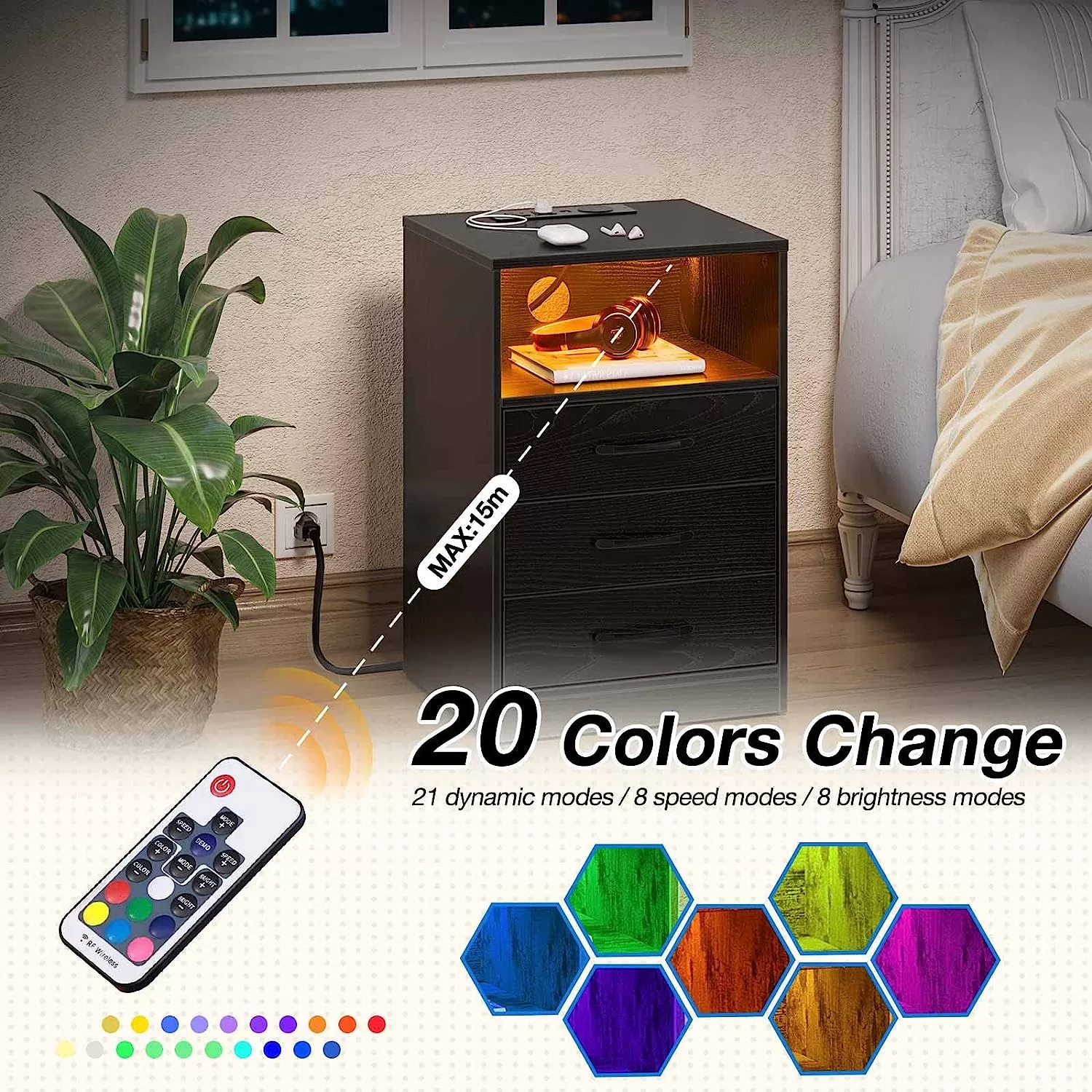 Seventable Nightstand with Wireless Charging Station and LED Lights, Black