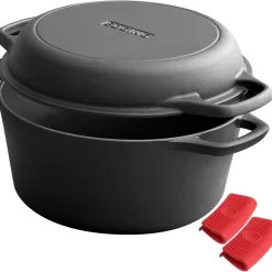 EDGING CASTING 2-in-1 Pre-Seasoned Cast Iron Dutch Oven Pot 5QT