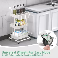 ALVOROG 3-Tier Rolling Utility Cart Storage Shelves Multifunction Storage Trolley Service Cart (White)