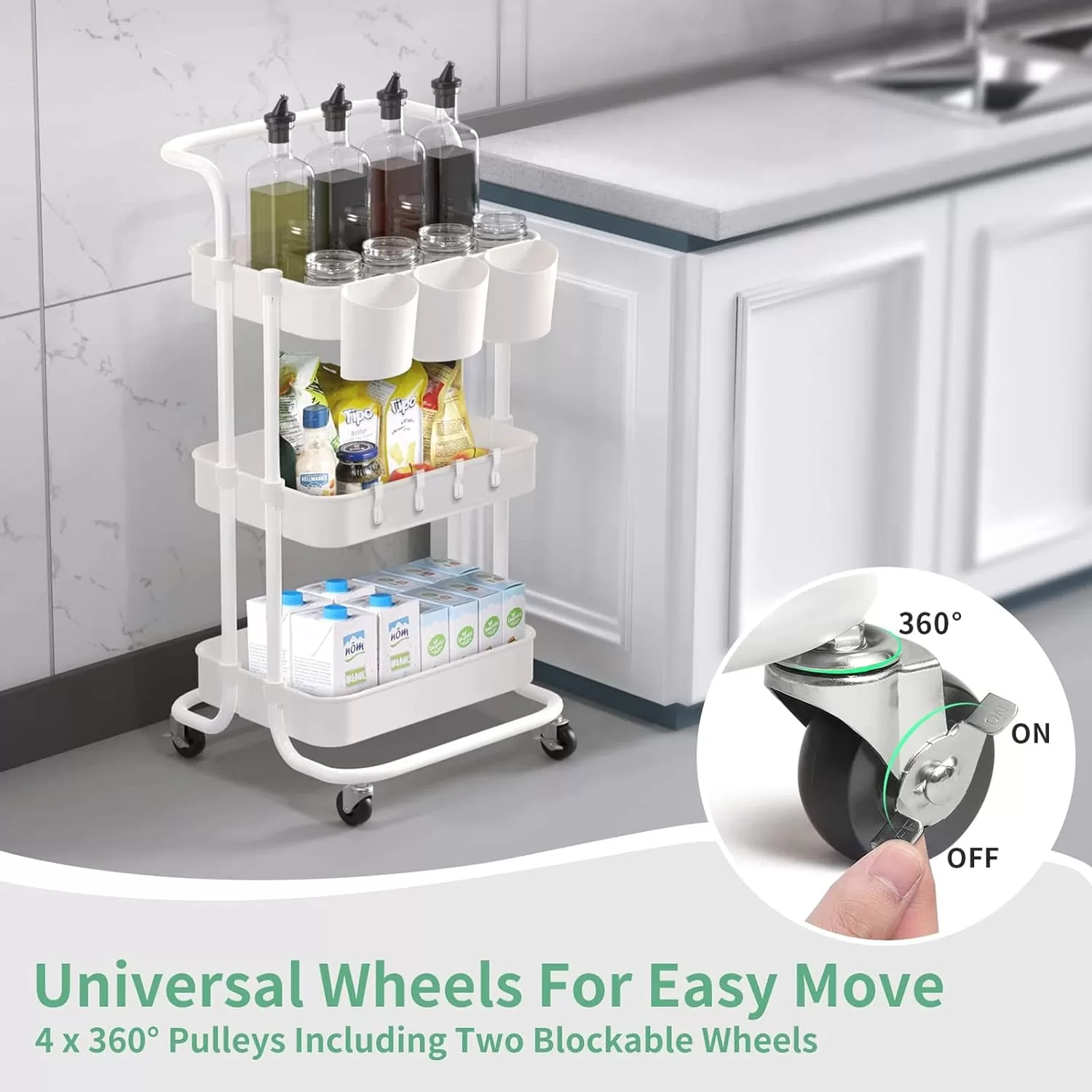 ALVOROG 3-Tier Rolling Utility Cart Storage Shelves Multifunction Storage Trolley Service Cart (White)