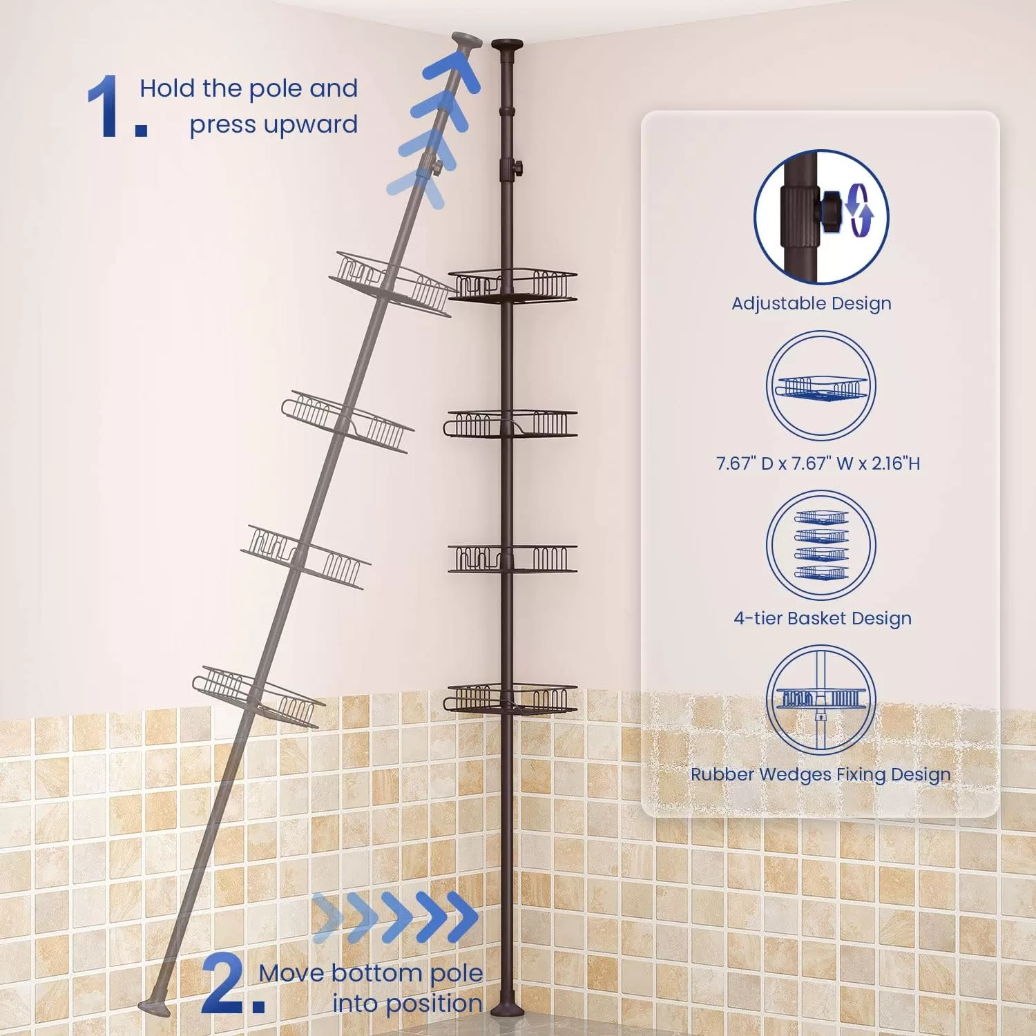 SEIRIONE Tension Corner Shower Pole Caddy, Rustproof Stainless Steel, Oil Bronze