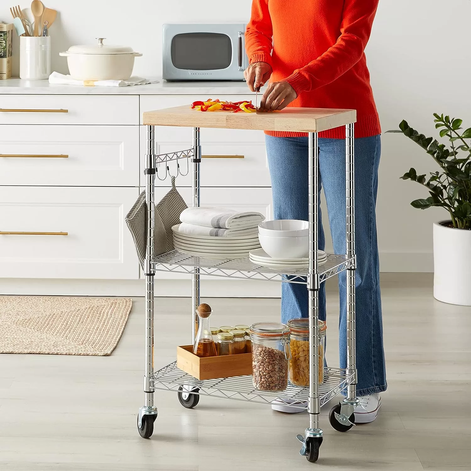 Amazon Basics Kitchen Storage Microwave Rack Cart on Caster Wheels with Adjustable Shelves, Wood/Chrome
