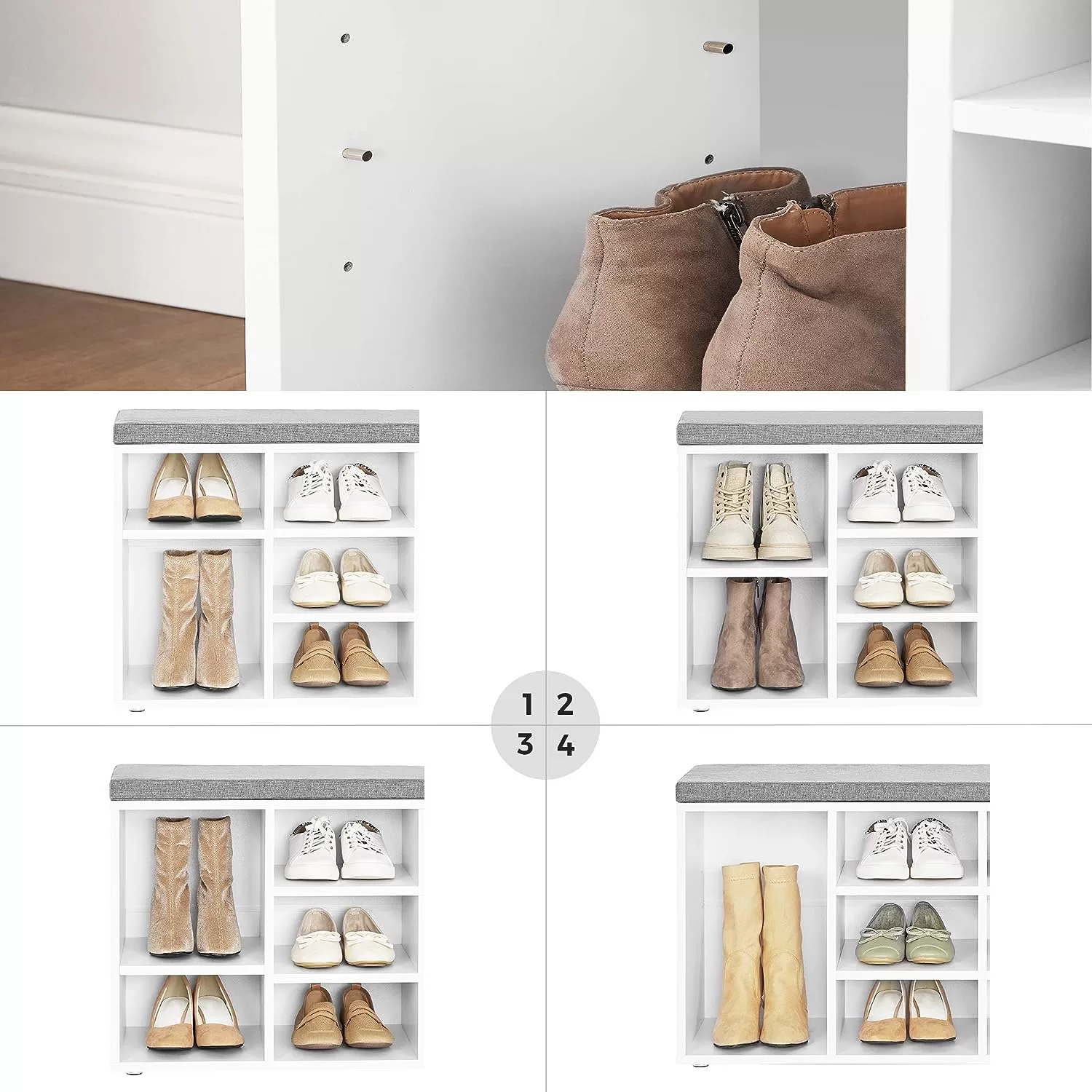 VASAGLE Shoe Bench with Cushion, Storage Bench with Padded Seat, Entryway Bench, White and Gray ULHS10WT