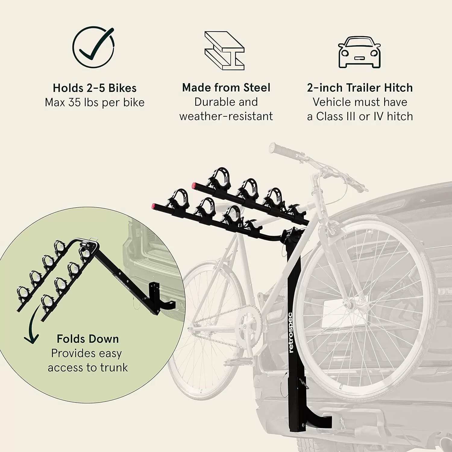 Retrospec Lenox 2-5 - Bike Hitch Rack for Cars, Trucks, SUVs with 2” Hitch | Foldable Steel Frame