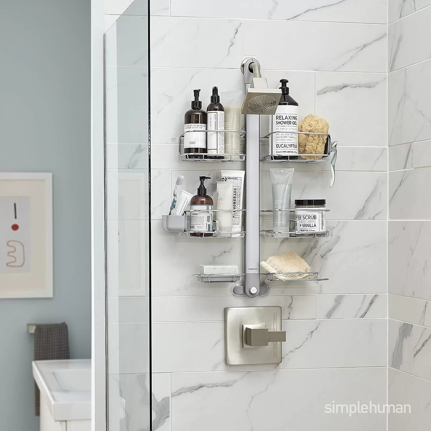 Simplehuman Adjustable and Extendable Shower Caddy XL, Stainless Steel and Anodized Aluminum