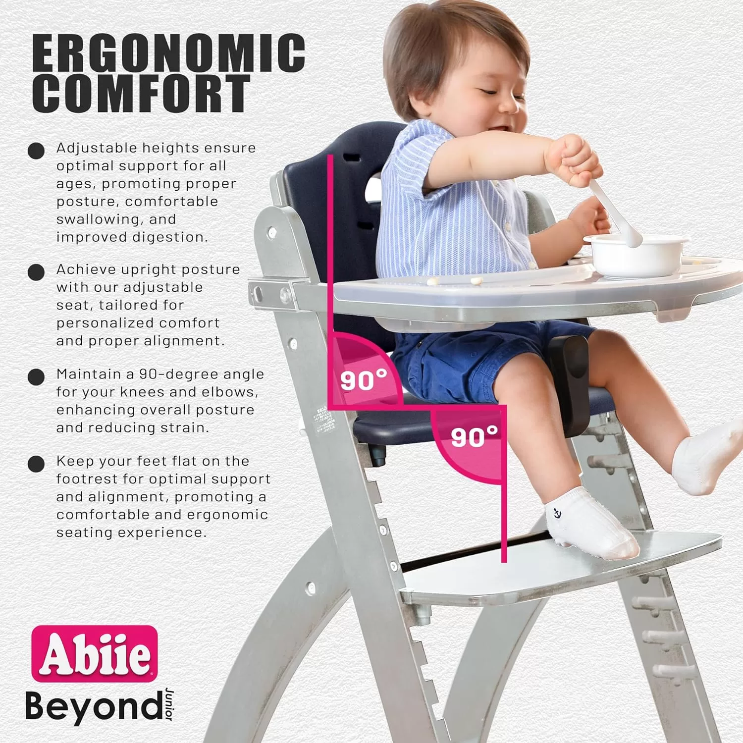Abiie Beyond Junior Wooden High Chair with Tray. The Perfect Adjustable Baby Highchair Solution - Natural Wood/Black Cushion