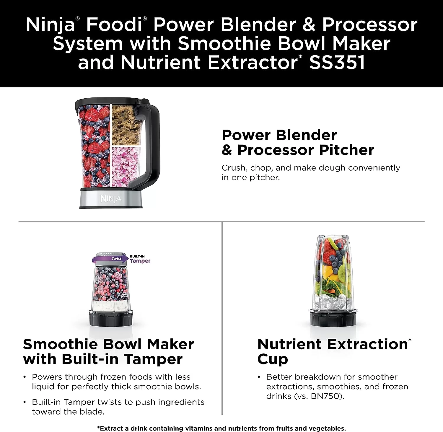 Ninja SS351 Foodi Power Blender & Processor System 1400 WP Smoothie Bowl Maker & Nutrient Extractor, Silver