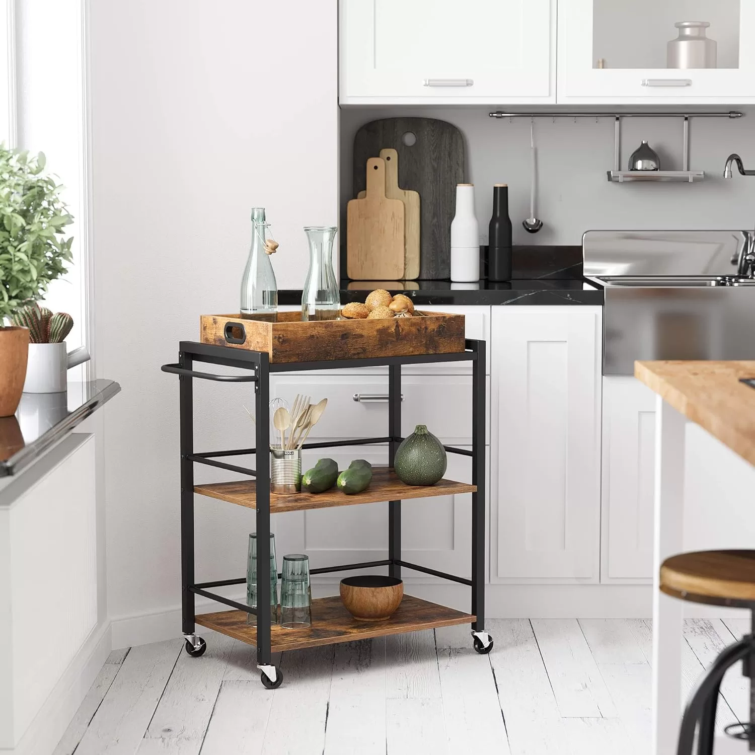 VASAGLE Industrial Bar Cart for The Home, Serving Cart with Wheels and Handle, Rustic Brown and Black ULRC72X