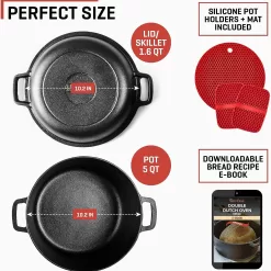 Uno Casa 2in1 Dutch Oven Large - 5 Quart Dutch Oven Pot with Lid