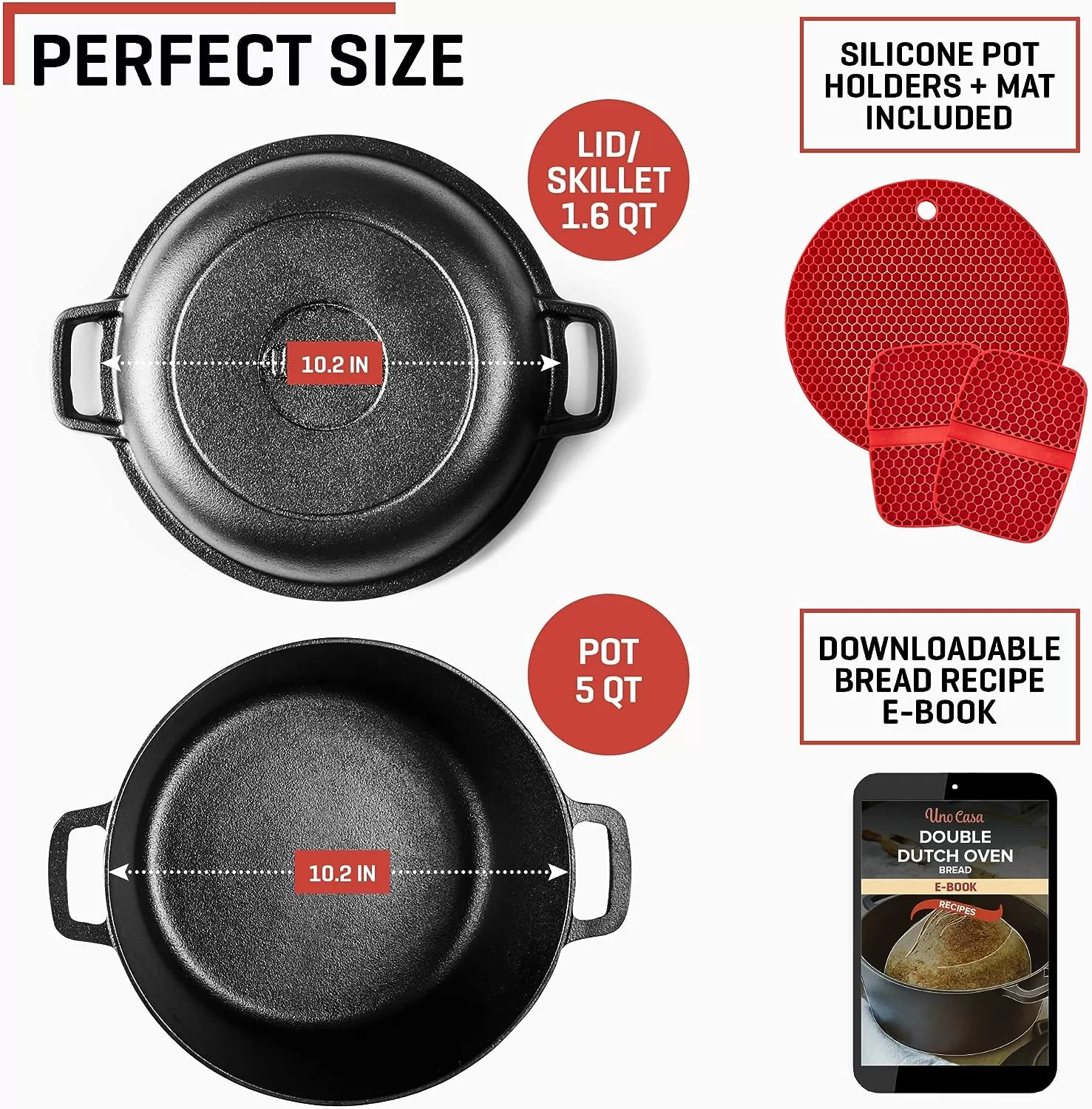 Uno Casa 2in1 Dutch Oven Large - 5 Quart Dutch Oven Pot with Lid